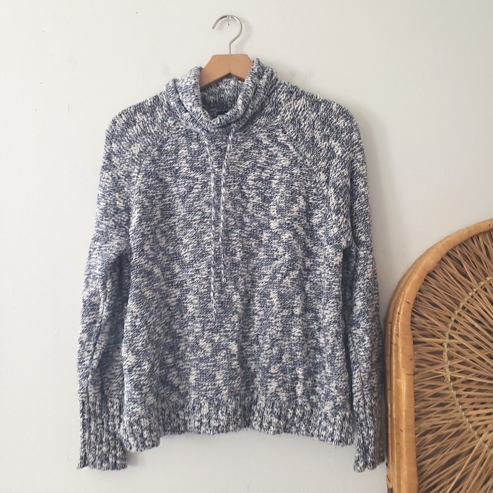 Chaps Cotton Blend Turtleneck Sweater Drawstring Sparkle Blue White Petite L